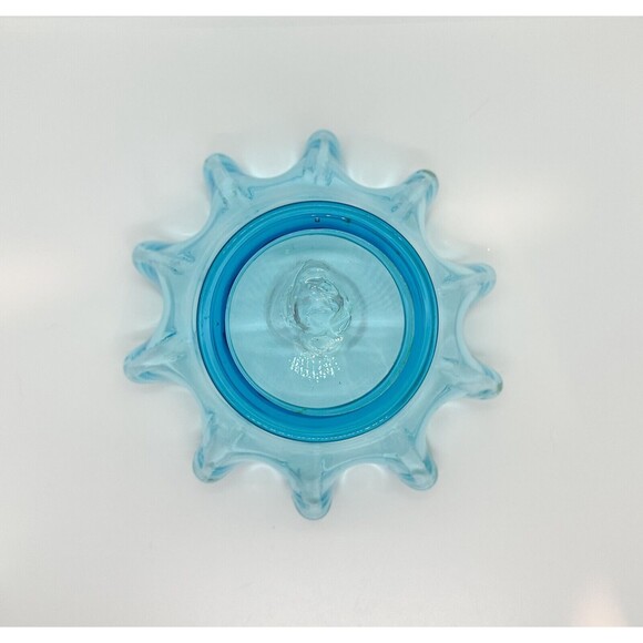 Handblown Glass Bowl Ruffle Edge Blue Candy Dish Aqua Vase Planter Handmade - Picture 9 of 9